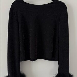 Express Black Sparkle Long-Sleeve Crop Top with Feather Cuffs